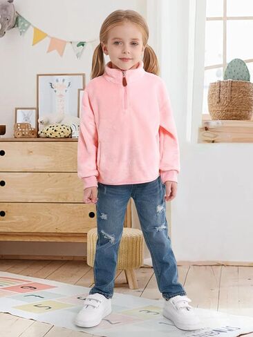 3-9Y Girls Winter Casual Fleece Half Zipper Hoodie Sweatshirt Long Sleeve Stand Collar Jacket Holiday Pullover Top in Saudi Arabia