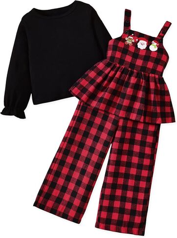 HINTINA Toddler Girl Long Sleeve T-shirt and Plaid Jumpsuit 2 Pieces Set in Saudi Arabia
