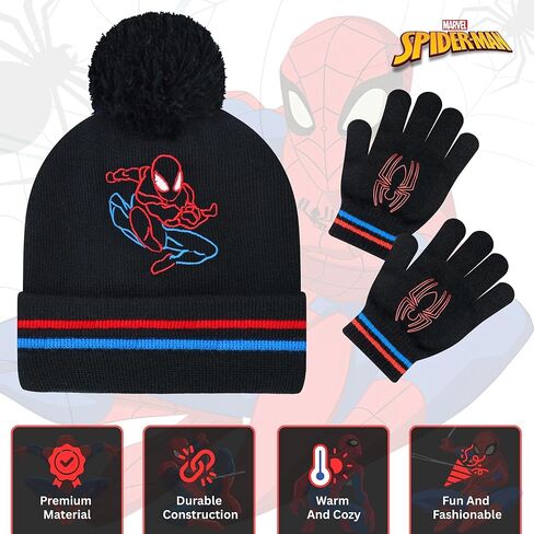 Marvel Spider-Man Kid’s Winter Hat and Snow Gloves for Boys and Toddlers, 2 Pc. Set, Pom-Pom Beanie with Warm Mittens in Saudi Arabia