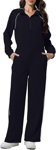 FASHIONSPARK Women's Jumpsuits Long Sleeve Casual Jumpsuit Half Zip Wide Leg Pants Romper Mock Neck Fall Outfits in Saudi Arabia