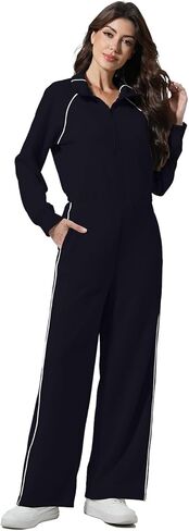 FASHIONSPARK Women's Jumpsuits Long Sleeve Casual Jumpsuit Half Zip Wide Leg Pants Romper Mock Neck Fall Outfits in Saudi Arabia
