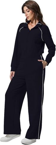 FASHIONSPARK Women's Jumpsuits Long Sleeve Casual Jumpsuit Half Zip Wide Leg Pants Romper Mock Neck Fall Outfits in Saudi Arabia