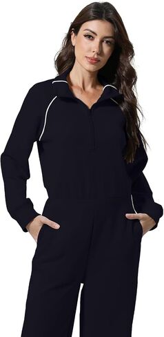 FASHIONSPARK Women's Jumpsuits Long Sleeve Casual Jumpsuit Half Zip Wide Leg Pants Romper Mock Neck Fall Outfits in Saudi Arabia