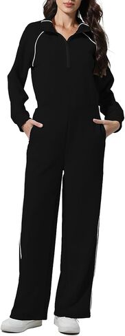 FASHIONSPARK Women's Jumpsuits Long Sleeve Casual Jumpsuit Half Zip Wide Leg Pants Romper Mock Neck Fall Outfits in Saudi Arabia