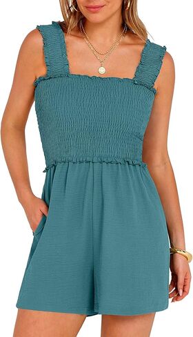 ANRABESS Women's Rompers Summer Casual Smocked Square Neck Sleeveless Loose Shorts Jumpsuit 2026 Beach Vacation Clothes in Saudi Arabia