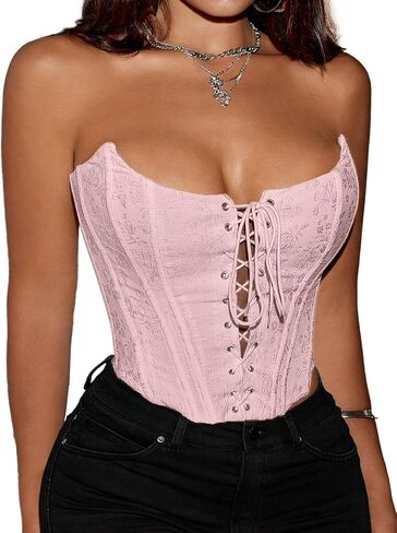 Women's Corset Tops 1920's Vintage floral embroidered Lingerie Overbust Lace Up Tie Front boned hourglass Shapewear Crop Tops in Saudi Arabia