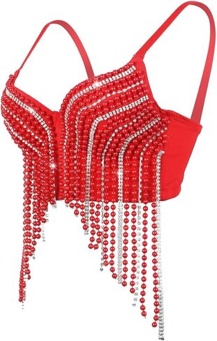 Sexy Pearls Beaded Rhinestone Bustier Crop Top Push up Corset Top with Adjustable Shoulder Strap in Saudi Arabia