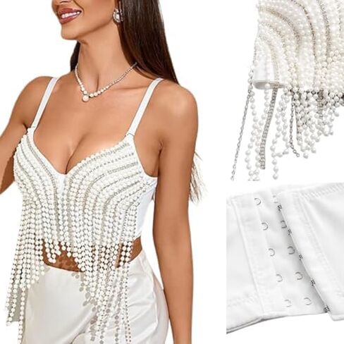 Sexy Pearls Beaded Rhinestone Bustier Crop Top Push up Corset Top with Adjustable Shoulder Strap in Saudi Arabia