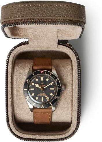 TAWBURY Single Watch Travel Case - Genuine Top-Grain Leather Watch Box for Men & Women with Metal Zipper and Extra Wide Pillow for Large Watches (Black) in Saudi Arabia