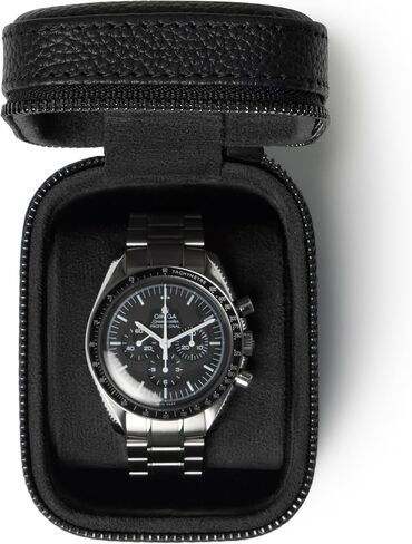 TAWBURY Single Watch Travel Case - Genuine Top-Grain Leather Watch Box for Men & Women with Metal Zipper and Extra Wide Pillow for Large Watches (Black) in Saudi Arabia