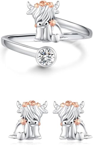 Highland Cow Ring for Women S925 Sterling Silver Adjustable Highland Cow Open Ring and Highland Cow Earring Cubic Zirconia Scottish Highland Cow Jewelry Gifts for Animal Lover Birthday in Saudi Arabia
