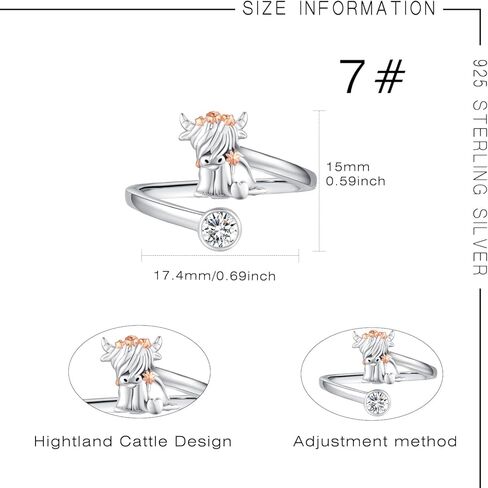 Highland Cow Ring for Women S925 Sterling Silver Adjustable Highland Cow Open Ring and Highland Cow Earring Cubic Zirconia Scottish Highland Cow Jewelry Gifts for Animal Lover Birthday in Saudi Arabia