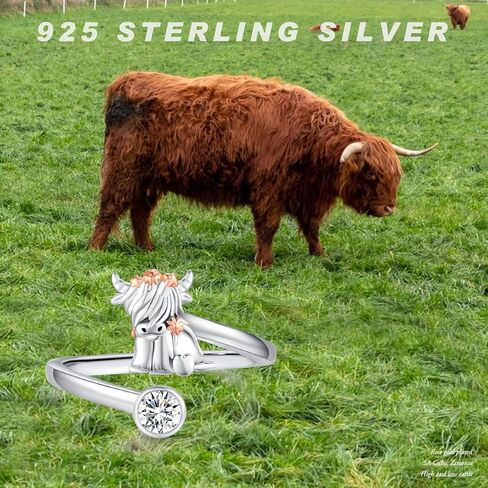 Highland Cow Ring for Women S925 Sterling Silver Adjustable Highland Cow Open Ring and Highland Cow Earring Cubic Zirconia Scottish Highland Cow Jewelry Gifts for Animal Lover Birthday in Saudi Arabia
