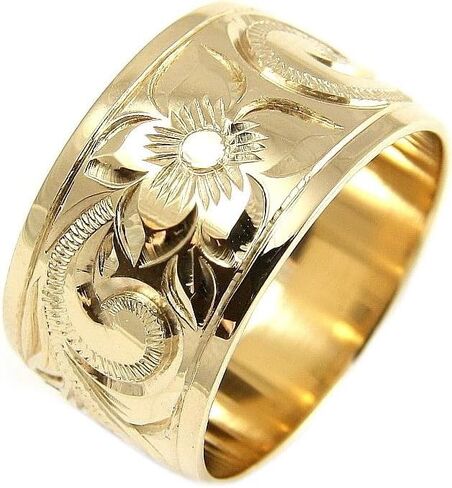 Arthur's Jewelry 14K yellow gold hand engrave Hawaiian plumeria scroll band ring smooth edge 12mm in Saudi Arabia