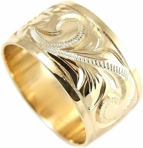Arthur's Jewelry 14K yellow gold hand engrave Hawaiian plumeria scroll band ring smooth edge 12mm in Saudi Arabia