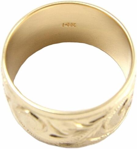 Arthur's Jewelry 14K yellow gold hand engrave Hawaiian plumeria scroll band ring smooth edge 12mm in Saudi Arabia