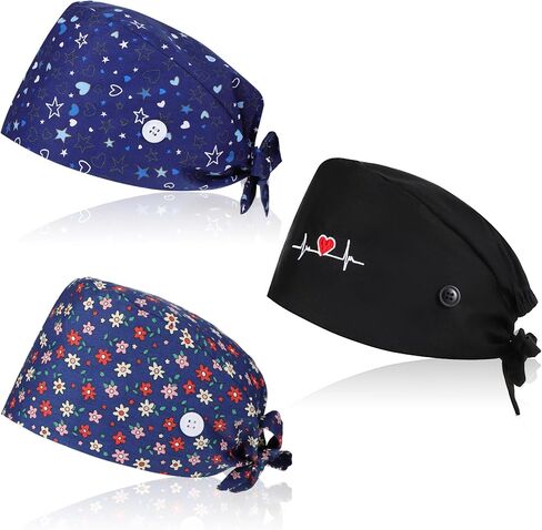 3 Pcs Working Caps Nurse Scrub Hats with Buttons Sweatband Adjustable Elastic Bandage Tie Hats for Women Men Dentist in Saudi Arabia