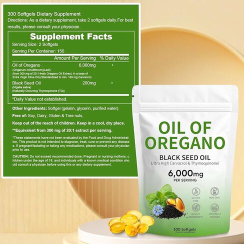 Oil of Oregano Softgels, 300 Count, Non-GMO | 2 in 1 Formulated with 4X Strength Carvacro | Black Seed Oil l & Thymoquinone | Plant Based in Saudi Arabia