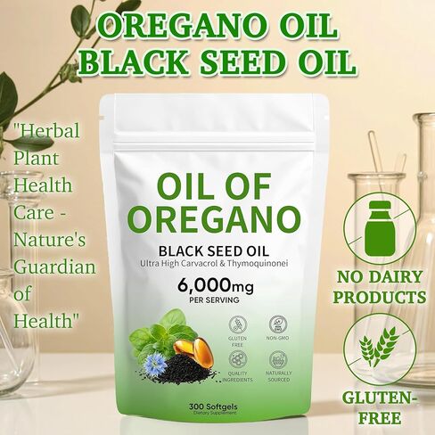 Oil of Oregano Softgels, 300 Count, Non-GMO | 2 in 1 Formulated with 4X Strength Carvacro | Black Seed Oil l & Thymoquinone | Plant Based in Saudi Arabia