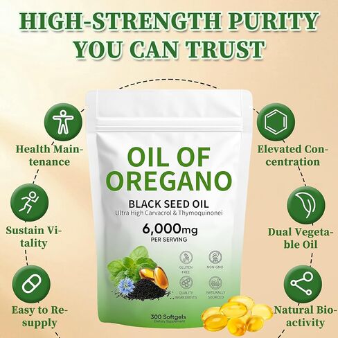Oil of Oregano Softgels, 300 Count, Non-GMO | 2 in 1 Formulated with 4X Strength Carvacro | Black Seed Oil l & Thymoquinone | Plant Based in Saudi Arabia