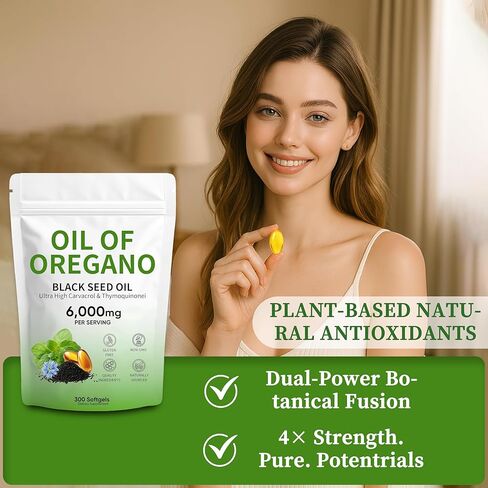 Oil of Oregano Softgels, 300 Count, Non-GMO | 2 in 1 Formulated with 4X Strength Carvacro | Black Seed Oil l & Thymoquinone | Plant Based in Saudi Arabia