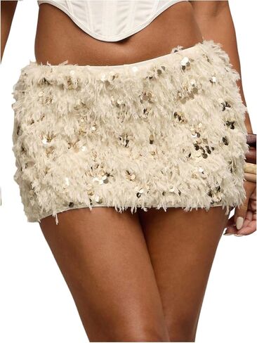 GORGLITTER Women's Sequin Mini Skirt Fuzzy Low Rise Y2k Club Party Rave Fall Skirts with Shorts in Saudi Arabia