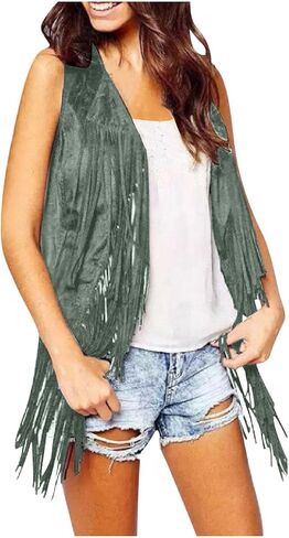 Womens Western Cowgirl Vest 70s Hippie Faux Suede Sleeveless Jacket Cardigan Open Front Boho Fringe Waistcoat in Saudi Arabia
