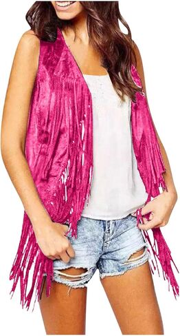 Womens Western Cowgirl Vest 70s Hippie Faux Suede Sleeveless Jacket Cardigan Open Front Boho Fringe Waistcoat in Saudi Arabia