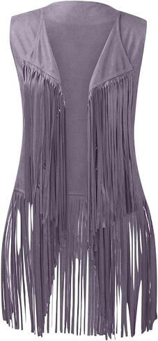 Womens Western Cowgirl Vest 70s Hippie Faux Suede Sleeveless Jacket Cardigan Open Front Boho Fringe Waistcoat in Saudi Arabia