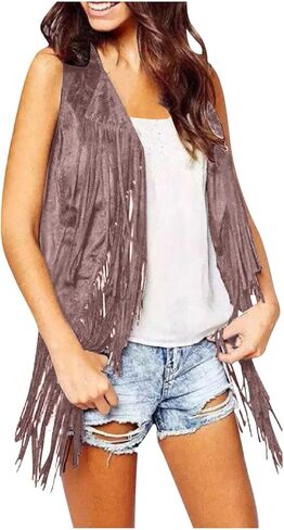 Womens Western Cowgirl Vest 70s Hippie Faux Suede Sleeveless Jacket Cardigan Open Front Boho Fringe Waistcoat in Saudi Arabia
