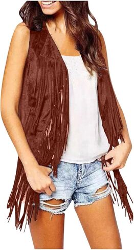 Womens Western Cowgirl Vest 70s Hippie Faux Suede Sleeveless Jacket Cardigan Open Front Boho Fringe Waistcoat in Saudi Arabia