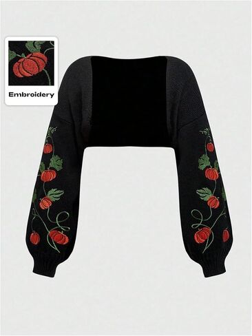 SHENHE Women's Plus Size Floral Embroidered Shrug Cardigan Open Front Bolero Crop Sweater Boho Knit Top in Saudi Arabia