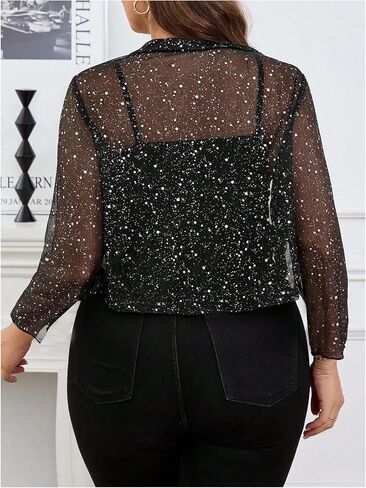 WDIRARA Women's Plus Size Sparkly Sequin Sheer Bolero Shrug Open Front Long Sleeve Party Cropped Cardigan in Saudi Arabia