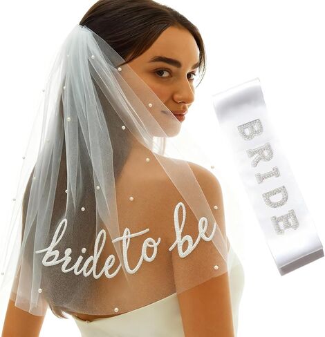 Bride To Be Sash and Veil White for Bachelorette Party Embroidered Pearl 2 Tier Veil and BRIDE Pearl Sash Set in Kuwait