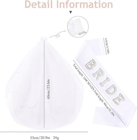 Bride To Be Sash and Veil White for Bachelorette Party Embroidered Pearl 2 Tier Veil and BRIDE Pearl Sash Set in Kuwait