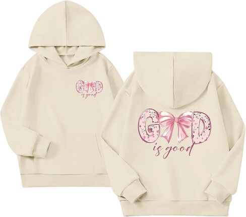 KEEVICI Cute Christian Hoodies for Girls Bow God Is Good Sweatshirt Kawaii Jesus Graphic Hoodie Bible Verse Cotton Pullover in Saudi Arabia