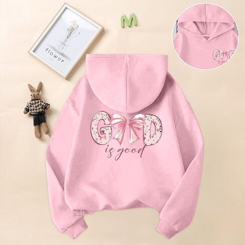 KEEVICI Cute Christian Hoodies for Girls Bow God Is Good Sweatshirt Kawaii Jesus Graphic Hoodie Bible Verse Cotton Pullover in Saudi Arabia
