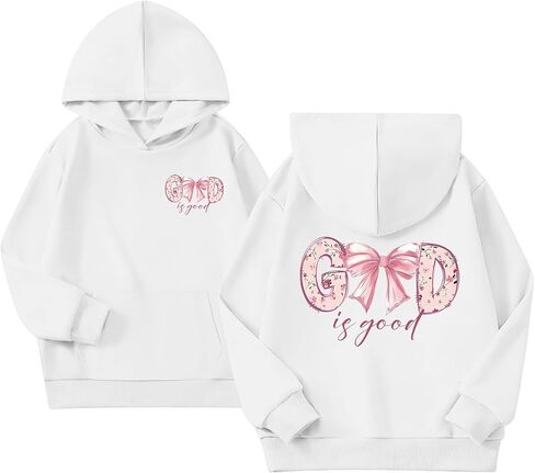 KEEVICI Cute Christian Hoodies for Girls Bow God Is Good Sweatshirt Kawaii Jesus Graphic Hoodie Bible Verse Cotton Pullover in Saudi Arabia