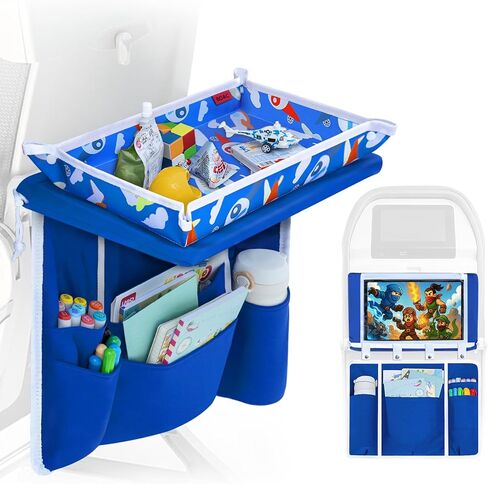 Adjustable Kids Airplane Tray Cover with Pocket Organizer, Snack & Toy Pockets, Toddler Airplane Travel Essentials, Travel Tray for Plane Train, Clear Touch Tablet Pocket, Carrying Strap, Plane Print in Saudi Arabia