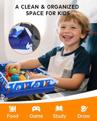 Adjustable Kids Airplane Tray Cover with Pocket Organizer, Snack & Toy Pockets, Toddler Airplane Travel Essentials, Travel Tray for Plane Train, Clear Touch Tablet Pocket, Carrying Strap, Plane Print in Saudi Arabia