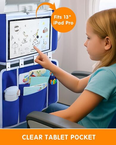 Adjustable Kids Airplane Tray Cover with Pocket Organizer, Snack & Toy Pockets, Toddler Airplane Travel Essentials, Travel Tray for Plane Train, Clear Touch Tablet Pocket, Carrying Strap, Plane Print in Saudi Arabia