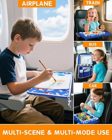 Adjustable Kids Airplane Tray Cover with Pocket Organizer, Snack & Toy Pockets, Toddler Airplane Travel Essentials, Travel Tray for Plane Train, Clear Touch Tablet Pocket, Carrying Strap, Plane Print in Saudi Arabia