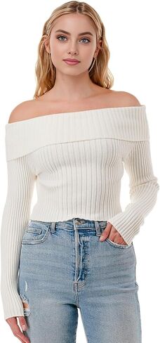 EDGY Land Off‑Shoulder Ribbed Knit Crop Top – Trendy Wide Collar Long Sleeve Sweater in Saudi Arabia