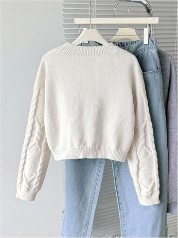 SHENHE Girl's Bow Sweater Pullover Cable Knit Crewneck Long Sleeve Fall Cropped Sweater Jumper in Saudi Arabia