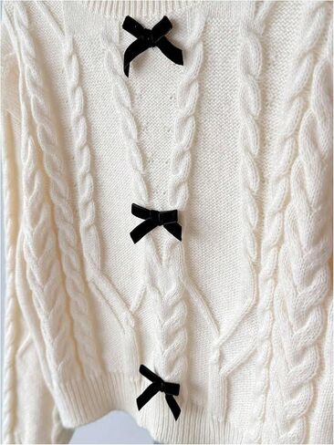 SHENHE Girl's Bow Sweater Pullover Cable Knit Crewneck Long Sleeve Fall Cropped Sweater Jumper in Saudi Arabia