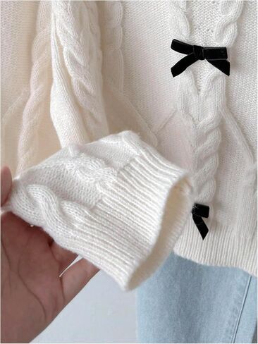 SHENHE Girl's Bow Sweater Pullover Cable Knit Crewneck Long Sleeve Fall Cropped Sweater Jumper in Saudi Arabia