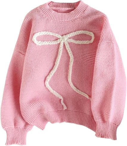 SHENHE Girl's Bow Sweater Jumper Crew Neck Long Sleeve Aesthetic Fall Cute Sweater Pullover in Saudi Arabia