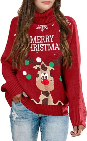 SPR&JOY Girls Christmas Turtleneck Sweaters, Kids Long Sleeve Chunky Knit Pullover, Winter Xmas Warm Cute Funny Jumper Tops in Saudi Arabia