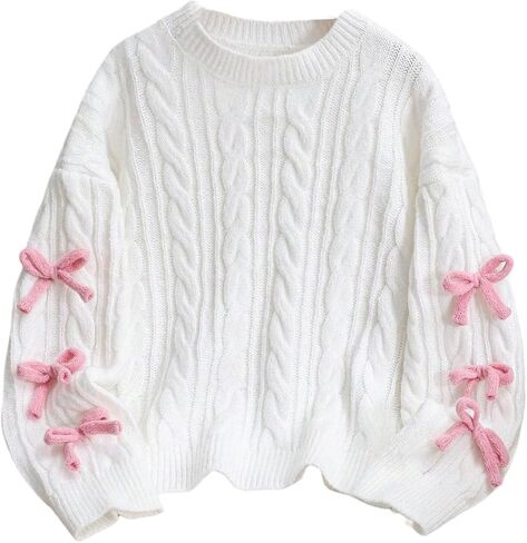 SHENHE Girl's Bow Sweater Cable Knit Crewneck Long Sleeve Chunky Cute Sweater in Saudi Arabia