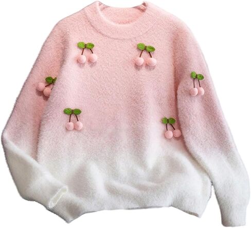 Girl's Cherry Sweater Cute Fuzzy Long Sleeve Crew Neck Fall Winter Sweaters Size 5-12 Years in Saudi Arabia